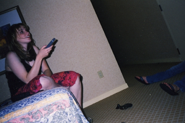 Jill watching the Pistons game in our Handicapped room